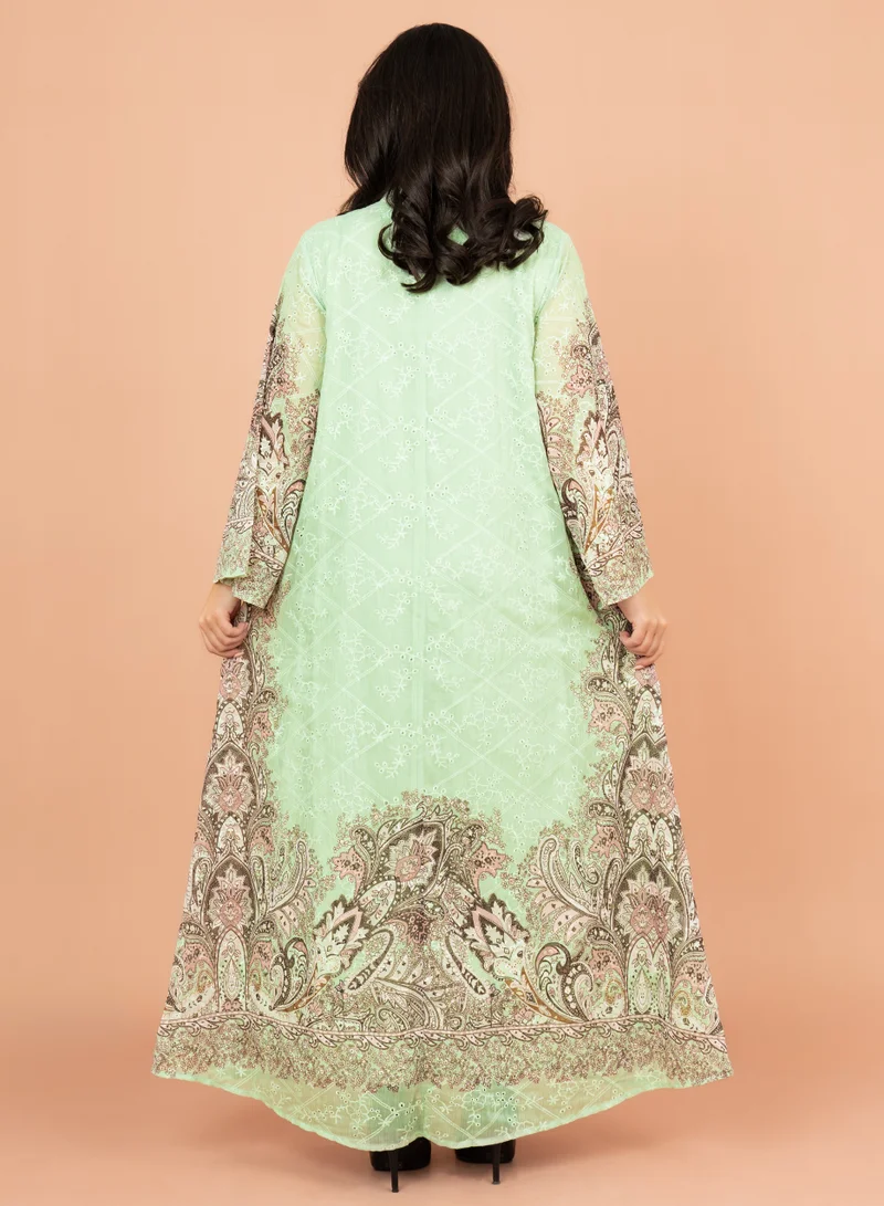 IKKXA Floral Pattern Printed Embroidered Jalabiya IK4011 Green