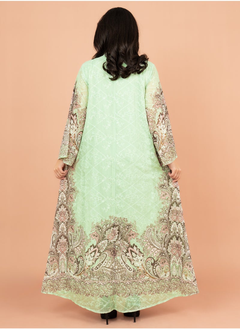 اكسا جلابية مطرزة زهور منقوشة IK4011 اخضر  - Image 4
