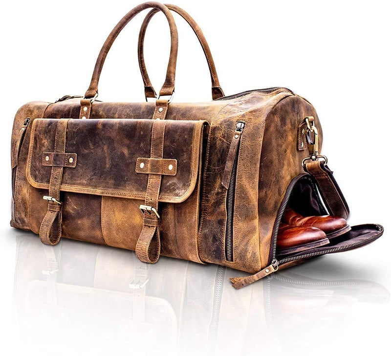 KomalC Leather Travel Duffel Bags for Men and Women - Full Grain Overnight Weekend Bags - Sports Gym Duffle (Distressed Tan With Shoe Pocket) - Image 2