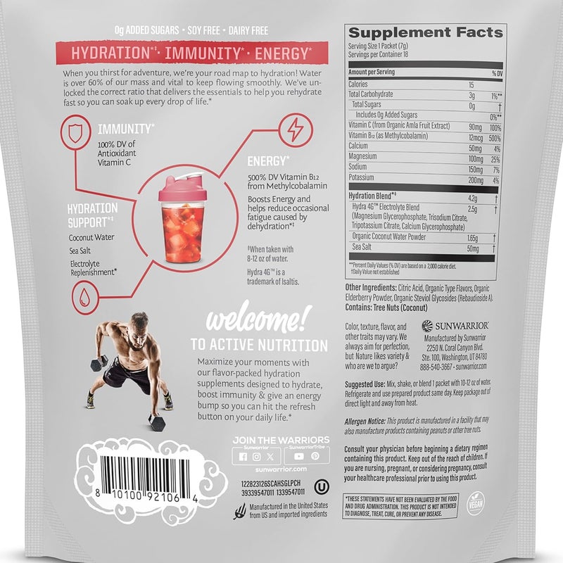 Sunwarrior Hydration Powder Electrolyte Packets Powder  Strawberry Colada Flavored  18 Stick Packs 126g Pouch  Vegan and PlantBased Sugar Free  B12 Elderberry and Electrolytes  Active Hydration - Image 2