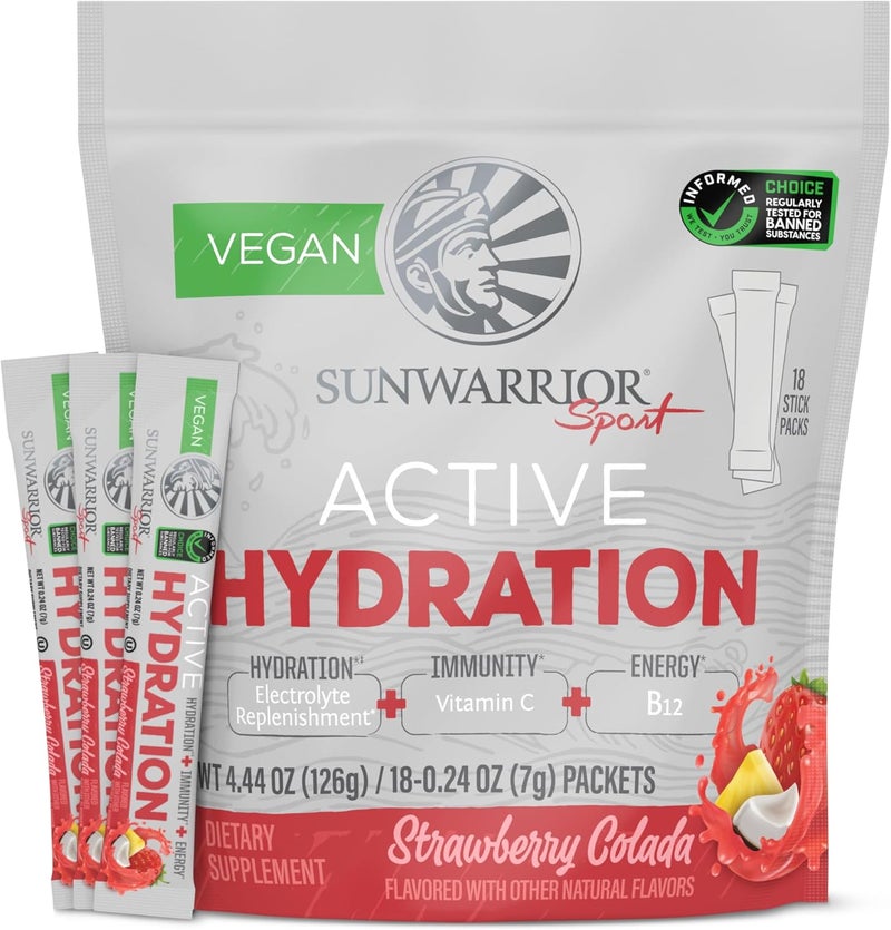 Sunwarrior Hydration Powder Electrolyte Packets Powder  Strawberry Colada Flavored  18 Stick Packs 126g Pouch  Vegan and PlantBased Sugar Free  B12 Elderberry and Electrolytes  Active Hydration - Image 1