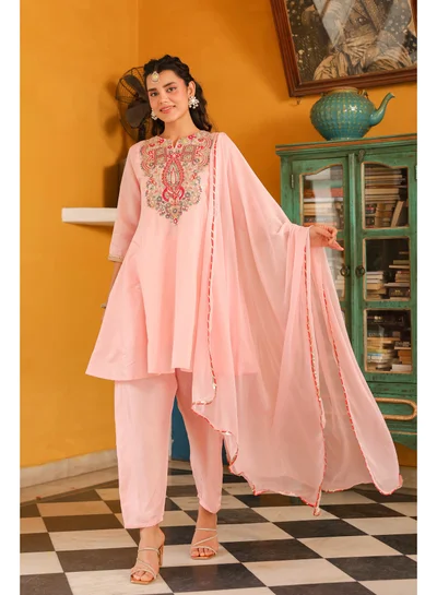 PRIYA’S PANACHE Pink Anarkali Chanderi Silk Kurta Set for Women – Ethnic Indian Wear, Party & Festive Outfit.