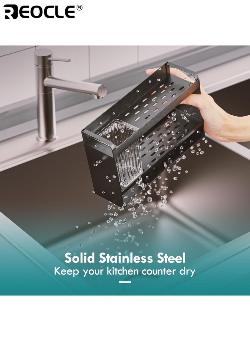 REOCLE 2-Tier Sponge Holder for Kitchen Sink Rustproof Sink Organizer with Chopstick Holder Auto-Draining Sink Caddy for Dish Soap Brush Scrubber Ideal for Kitchen Sink Storage - Image 5