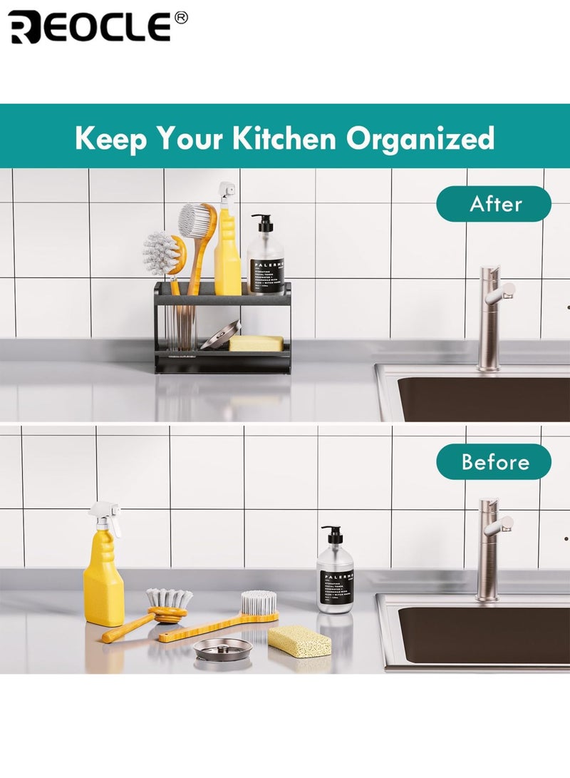 REOCLE 2-Tier Sponge Holder for Kitchen Sink Rustproof Sink Organizer with Chopstick Holder Auto-Draining Sink Caddy for Dish Soap Brush Scrubber Ideal for Kitchen Sink Storage - Image 2