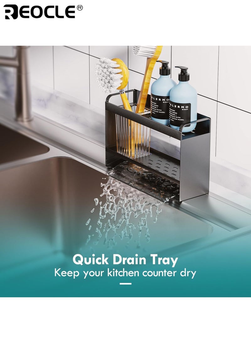 REOCLE 2-Tier Sponge Holder for Kitchen Sink Rustproof Sink Organizer with Chopstick Holder Auto-Draining Sink Caddy for Dish Soap Brush Scrubber Ideal for Kitchen Sink Storage - Image 4