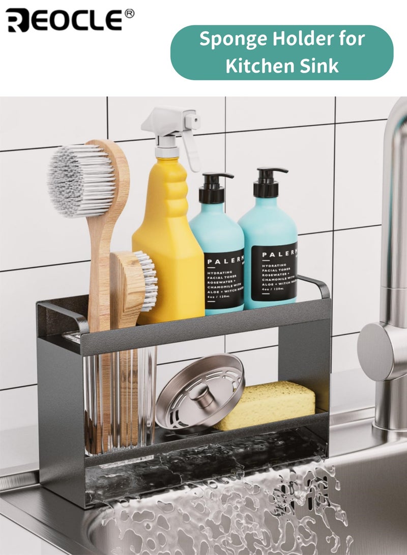REOCLE 2-Tier Sponge Holder for Kitchen Sink Rustproof Sink Organizer with Chopstick Holder Auto-Draining Sink Caddy for Dish Soap Brush Scrubber Ideal for Kitchen Sink Storage - Image 1