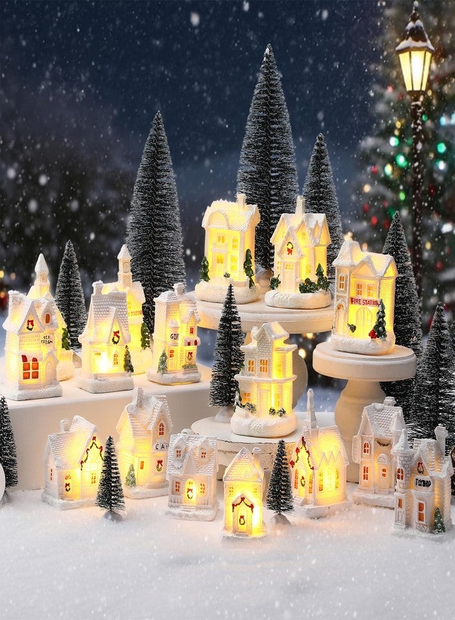 Vinsot 26 Pcs Resin Christmas Miniature Village Sets Light up, Christmas Snow Scene Town, 8 LED Houses Figurines, and 10 Pine Trees, Xmas Table Decor for Winter Building Ornaments - Image 1