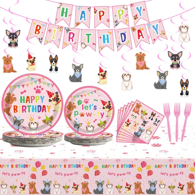 Tevxj Dog Themed Party Decorations Set Including Dog tableware Set Serves 24 Guests Banners Cupcake Toppers Balloons Swirls Swirls card Aluminum foil balloon For Pink Dog Party Supplies And Baby Shower Decorations 168Pcs - Image 2