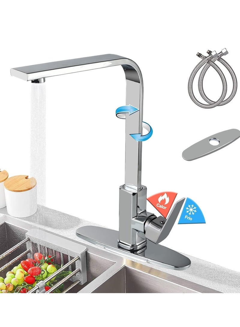 WENTCCION Kitchen Faucet, Kitchen Sink Mixer Tap with 360° Rotatable, Single-Handle High Arc Swan-Neck Modern Stainless Steel Kitchen Faucet, Kitchen Sink Faucets with 2 Hose - Image 1