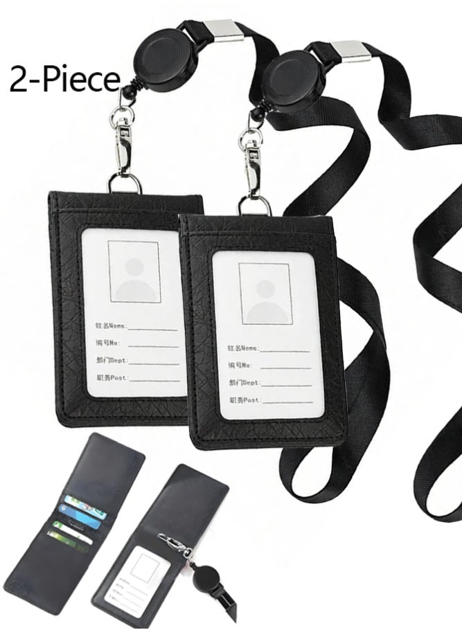 2 Pack Id Card Wallet Made of Leather Material, Foldable PU Card Wallet with Retractable Cord,Multi-card Slot Id Card Wallet with Large Capacity Design - Image 1