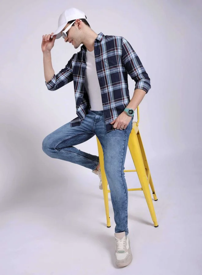 شركة المرآب الهندية Men Slim Fit Checkered Full Sleeves Cutaway Collar Casual Shirt