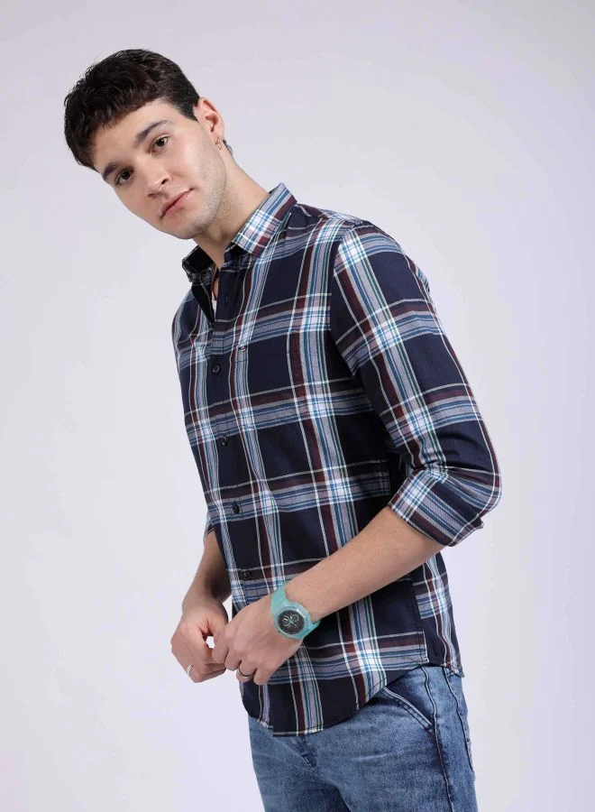 شركة المرآب الهندية Men Slim Fit Checkered Full Sleeves Cutaway Collar Casual Shirt