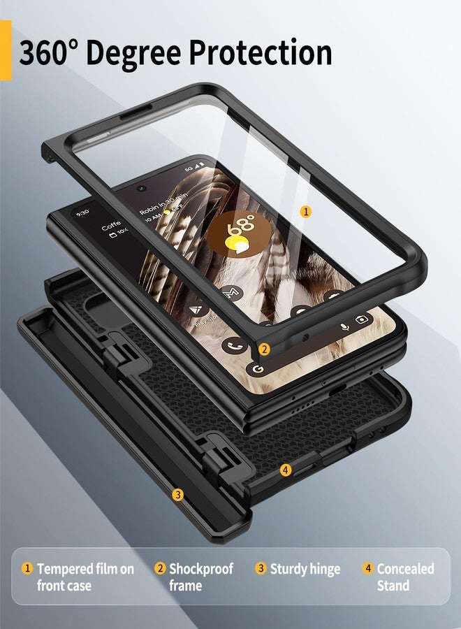 جراب Lanhiem لهاتف Google Pixel Fold، واقي شاشة مدمج، حماية كاملة للجسم، غطاء مقاوم للصدمات مع مسند، أسود - Image 2