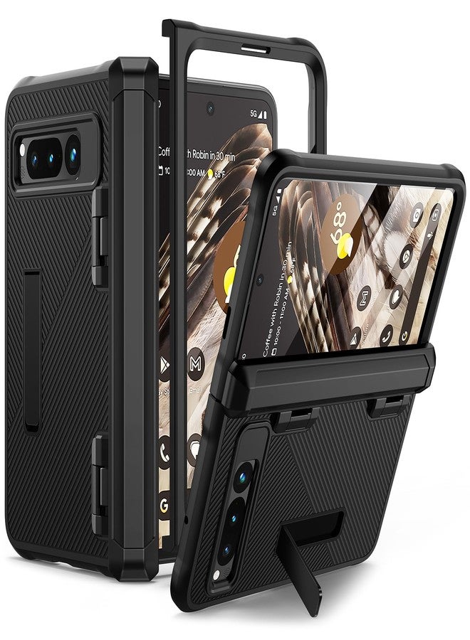جراب Lanhiem لهاتف Google Pixel Fold، واقي شاشة مدمج، حماية كاملة للجسم، غطاء مقاوم للصدمات مع مسند، أسود - Image 1
