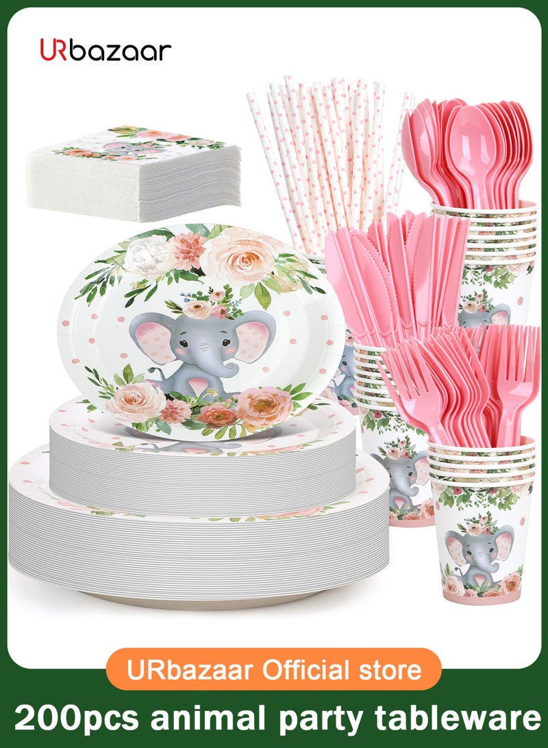 URbazaar 200 Pcs Plates and Napkins, Guest Spring Party Supplies Include Scalloped Paper Plates Napkins Cups Plastic Spoons Forks Knives Disposable Tableware Set for Baby Shower - Image 1