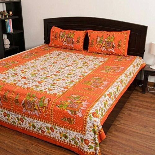 ART WORLD King Size Double Bed Sheet with Pillow Covers Pure Cotton Rajasthani Jaipuri Traditional Printed Bedcover (Orange, King) - Image 4