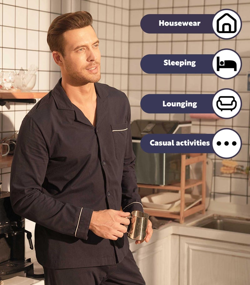 DAVID ARCHY Mens Pajamas Set Soft Cotton Notched Collar Pajamas for Men Long Sleeve Mens Sleepwear with Pockets & Front Fly (L, Navy Blue) - Image 5