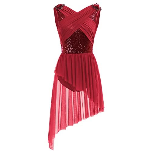 AFAVOM Womens Lyrical Dance Costume Sleeveless VNeck Sequin Flower Lyrical Dance Dress Asymmetric Flowy Mesh Tulle Skirt Contemporary Dance Costumes Ballet Leotard Dancewear Wine Red S - Image 1