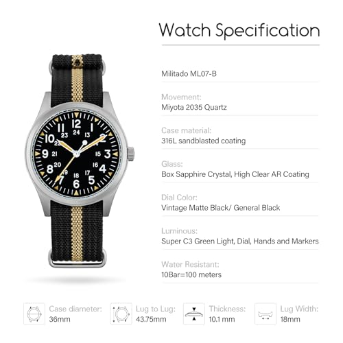 TACTICAL FROG Militado ML07B Field Watch for Men Japan 2035 Quartz Movement 36mm Sandblasted 316L Stainless Steel Watch Domed Sapphire Crystal AR C3 Green Lume 100M Water Resistant - Image 3
