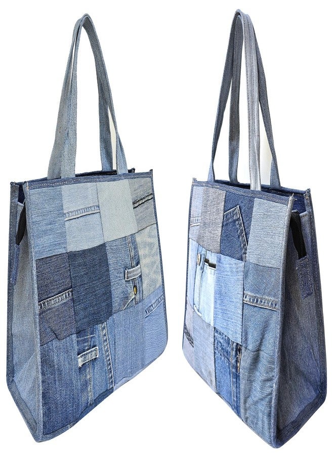 Bijoux de Ja Upcycled Denim Patchwork Tote Bag for Women, Handmade Quilted Jean Purse, Large Vintage Top Handle Handbag - Image 4