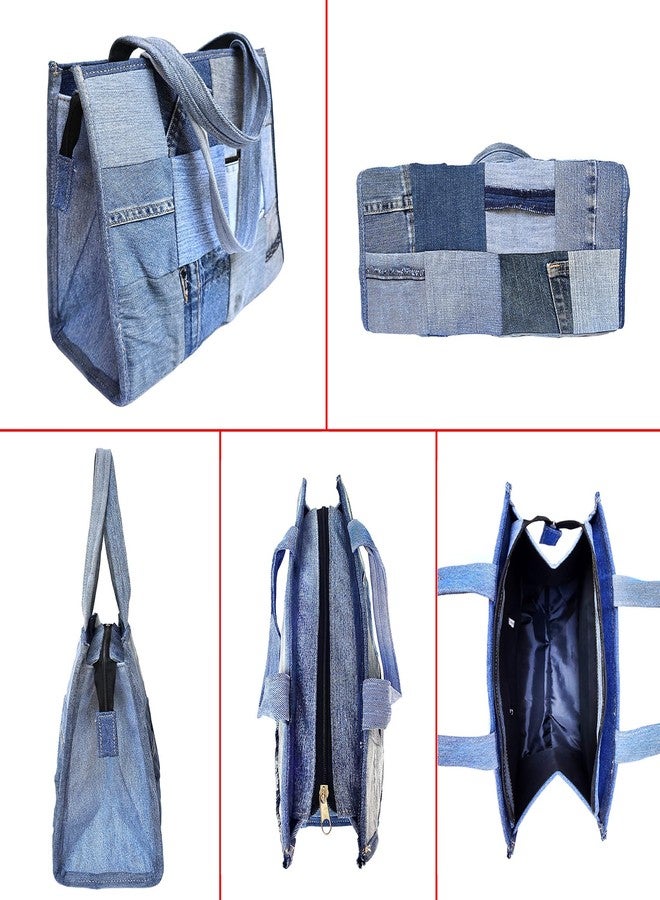 Bijoux de Ja Upcycled Denim Patchwork Tote Bag for Women, Handmade Quilted Jean Purse, Large Vintage Top Handle Handbag - Image 5