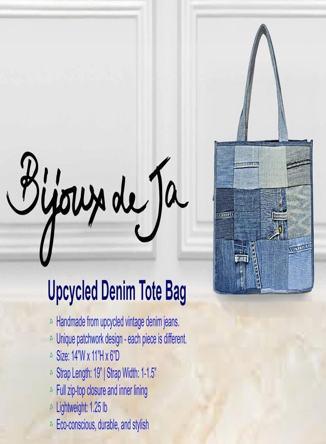 Bijoux de Ja Upcycled Denim Patchwork Tote Bag for Women, Handmade Quilted Jean Purse, Large Vintage Top Handle Handbag - Image 3