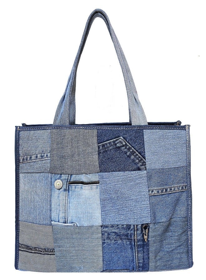 Bijoux de Ja Upcycled Denim Patchwork Tote Bag for Women, Handmade Quilted Jean Purse, Large Vintage Top Handle Handbag - Image 1
