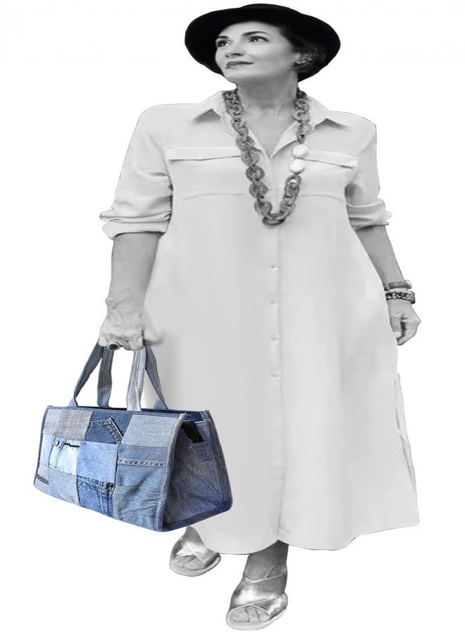 Bijoux de Ja Upcycled Denim Patchwork Tote Bag for Women, Handmade Quilted Jean Purse, Large Vintage Top Handle Handbag - Image 2