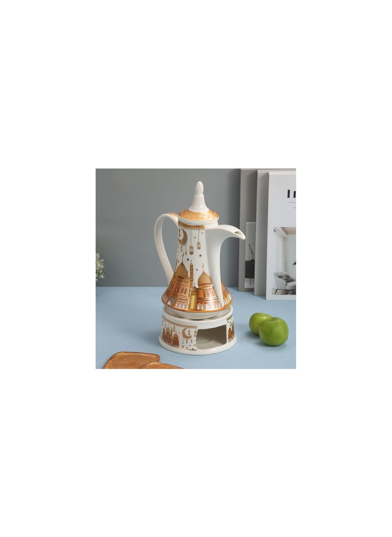 Generic Liying Ramdan Gold coarted Design Ceramic Arabic Coffee Pot and Heat Resistant with Candle Warmer, Ramadan Decorations for Table for Coffee  - Image 1