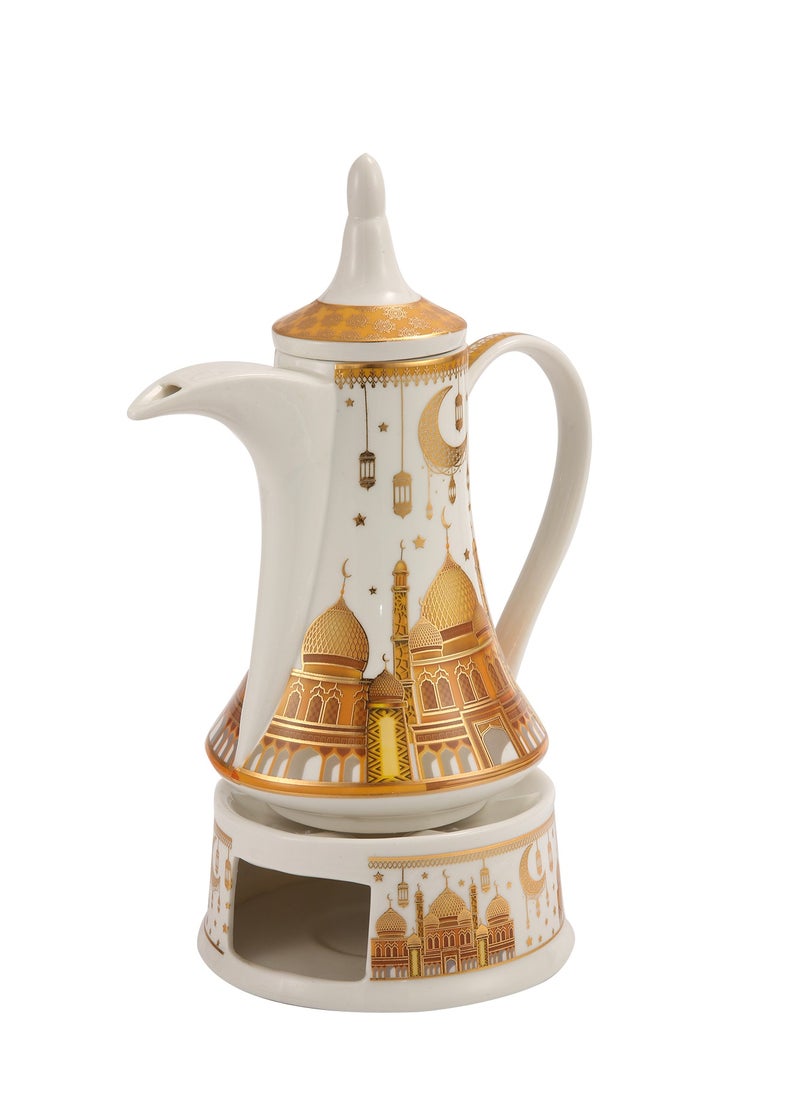 Generic Liying Ramdan Gold coarted Design Ceramic Arabic Coffee Pot and Heat Resistant with Candle Warmer, Ramadan Decorations for Table for Coffee  - Image 4