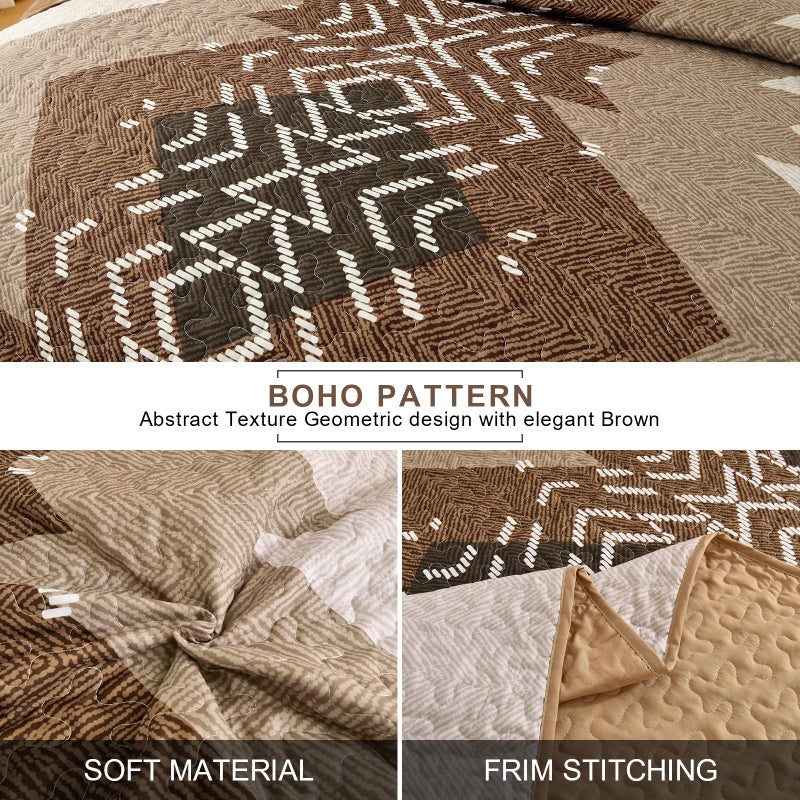 Dintszyayue Boho Queen Size Quilt Set,3 Pieces Aztec Texture Bedding Coverlet Set Brown Bedspread Coverlet Set Soft Microfiber Bed Cover Bohemian Lightweight Bedding Set for All Season(Brown,90"x96") - Image 4