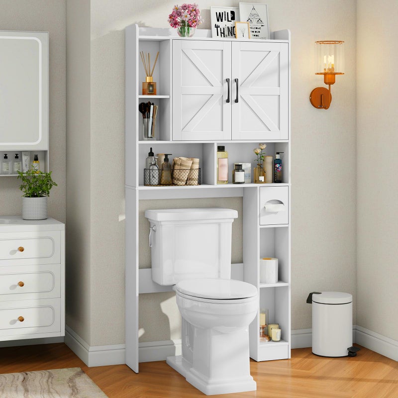 Vabches Over The Toilet Storage Cabinet Farmhouse Storage Cabinet Over Toilet with 2 Barn Door  Toilet Paper Holder StandHome SpaceSaving Toilet Rack for Bathroom Restroom Laundry