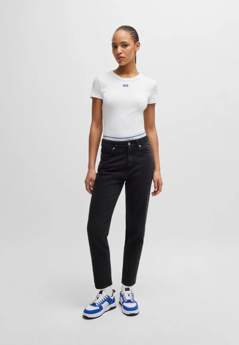 HUGO Slim-fit stretch-cotton T-shirt with blue logo badge