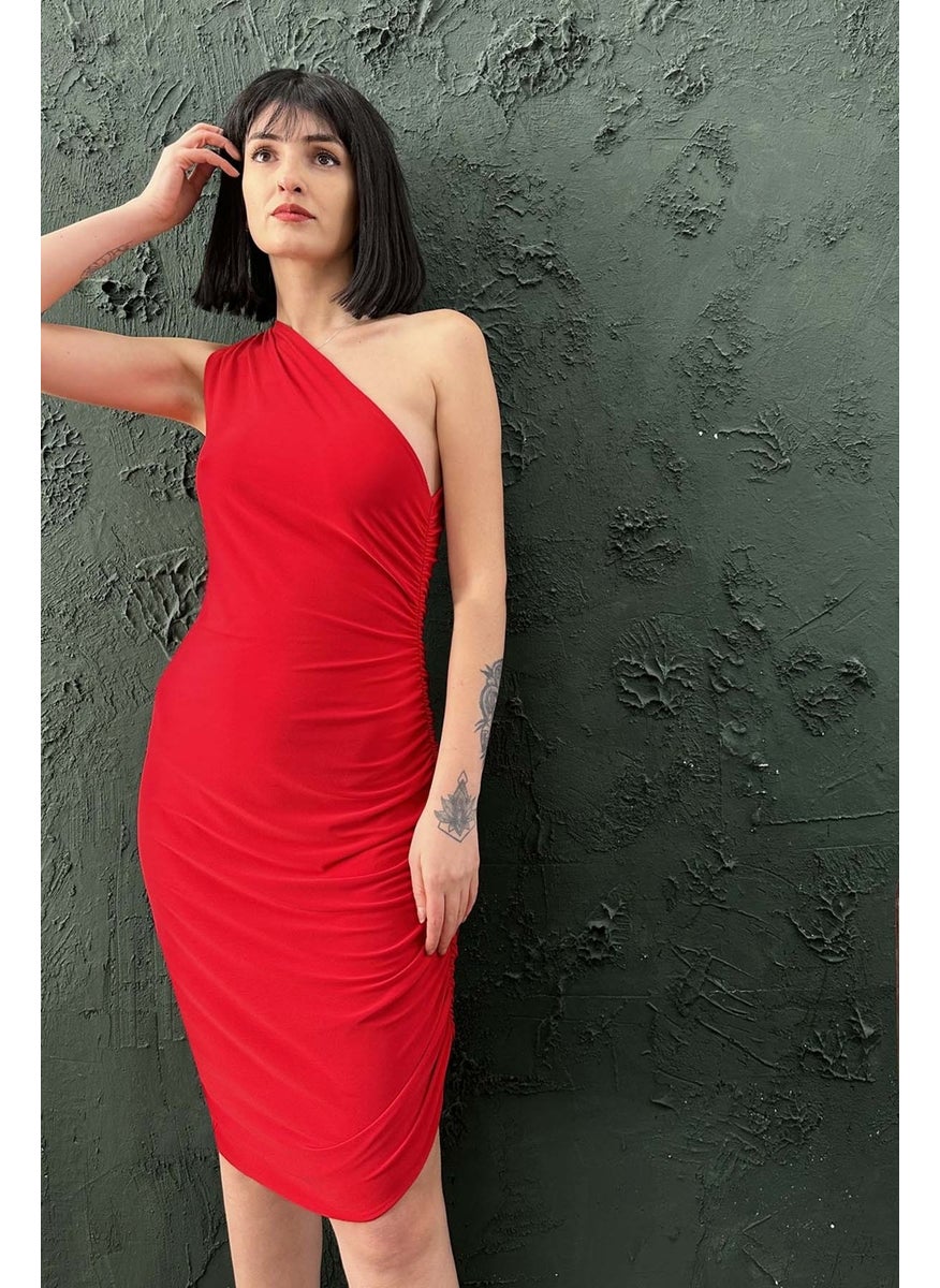 Due Stelle Women's Silk Jersey One-Shoulder Red Dress  - Image 2