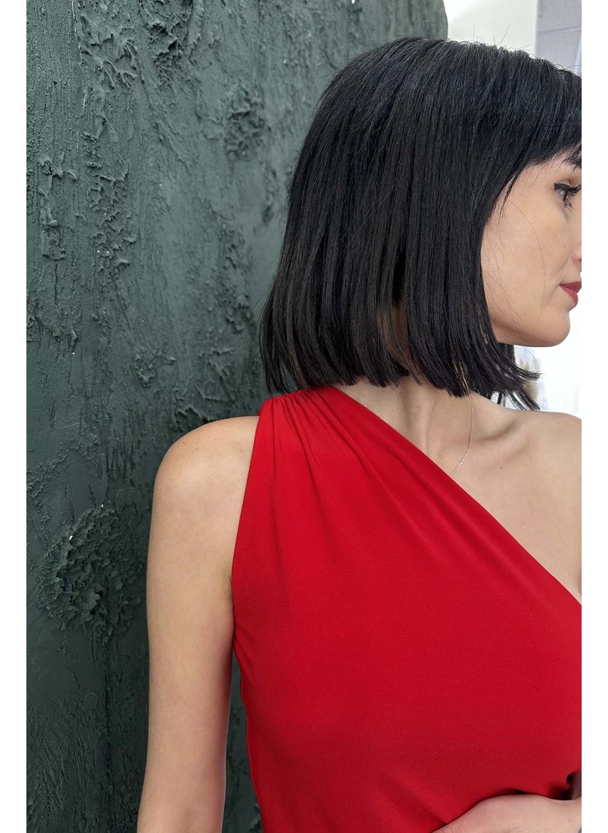Due Stelle Women's Silk Jersey One-Shoulder Red Dress  - Image 5