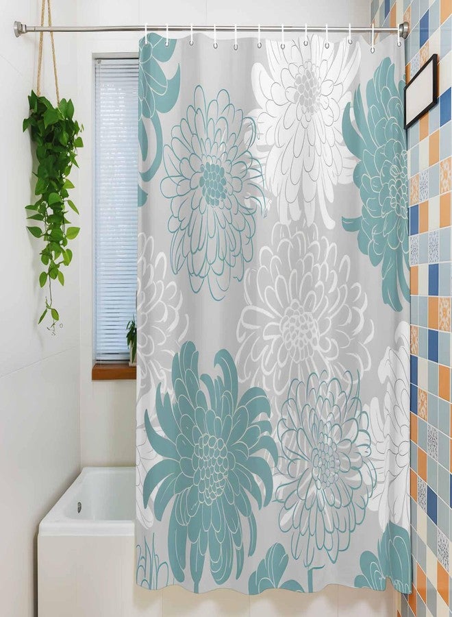 IDOWMAT Shower Curtain Waterproof Polyester Fabric Shower Curtain Set with Hooks, Abstract Floral Dahlia Cyan White and Grey Privacy Shower Curtains for Bathroom Showers, Stalls and Bathtubs, 72x72 Inches - Image 3