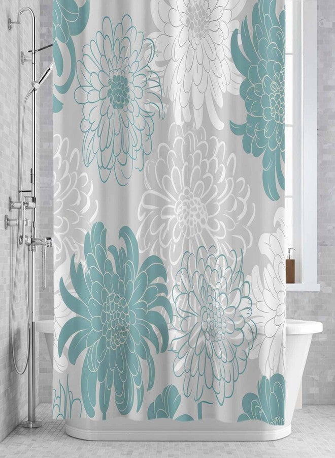 IDOWMAT Shower Curtain Waterproof Polyester Fabric Shower Curtain Set with Hooks, Abstract Floral Dahlia Cyan White and Grey Privacy Shower Curtains for Bathroom Showers, Stalls and Bathtubs, 72x72 Inches - Image 1