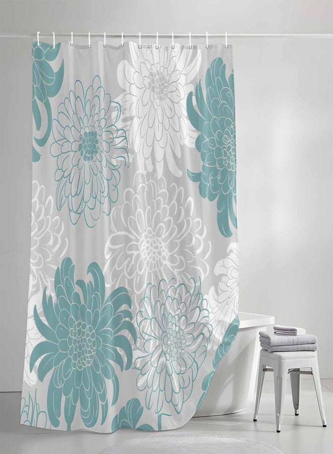IDOWMAT Shower Curtain Waterproof Polyester Fabric Shower Curtain Set with Hooks, Abstract Floral Dahlia Cyan White and Grey Privacy Shower Curtains for Bathroom Showers, Stalls and Bathtubs, 72x72 Inches - Image 4