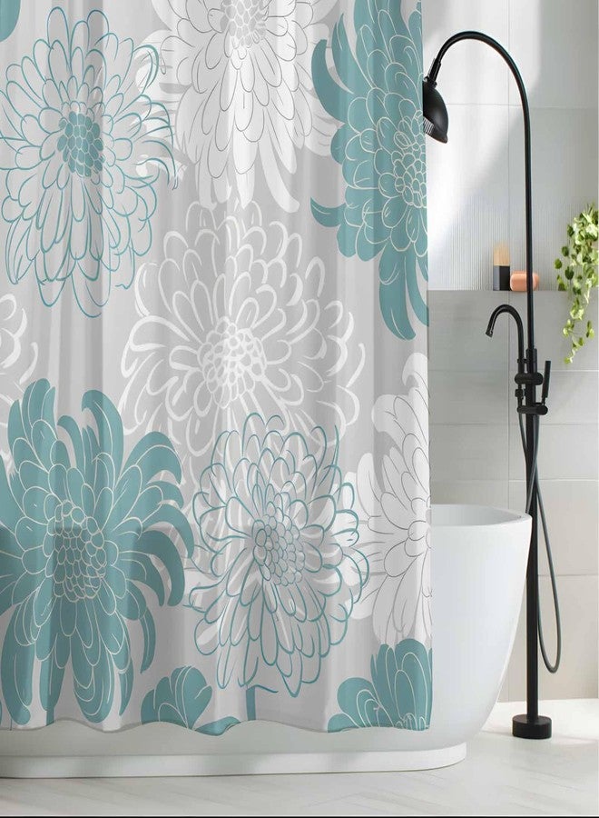 IDOWMAT Shower Curtain Waterproof Polyester Fabric Shower Curtain Set with Hooks, Abstract Floral Dahlia Cyan White and Grey Privacy Shower Curtains for Bathroom Showers, Stalls and Bathtubs, 72x72 Inches - Image 2