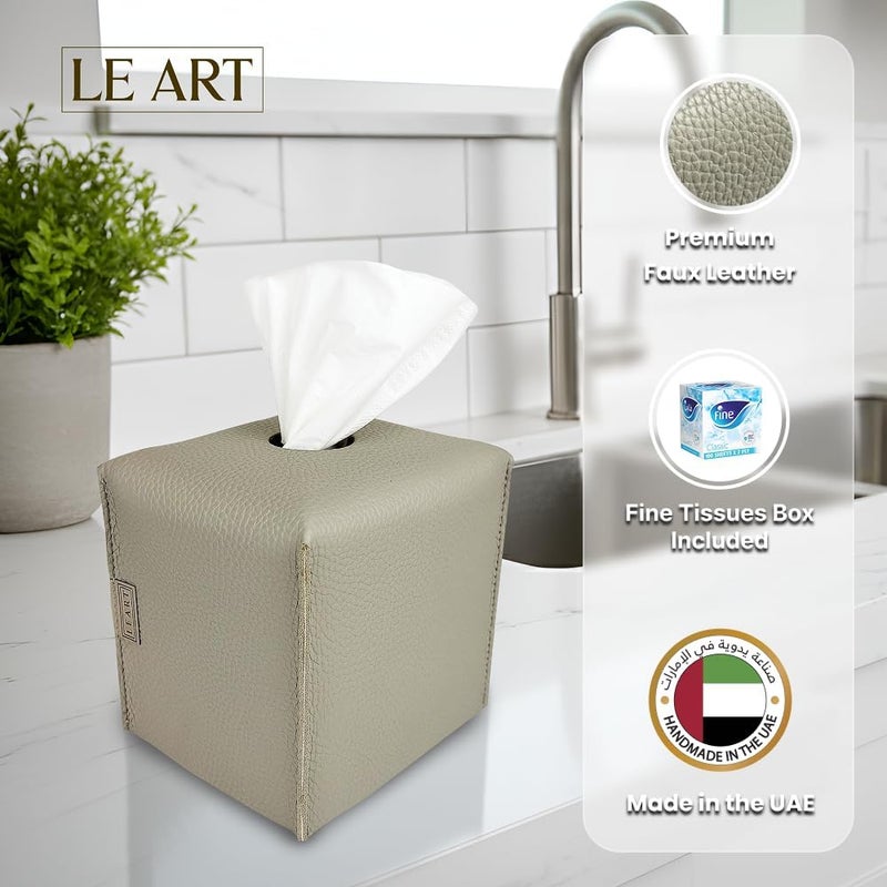 لي آرت ليارت غطاء وحامل علبة المناديل الجلدية – ديكورات منزلية لغرفة المعيشة وغرفة النوم والمكتب، غطاء علبة المناديل للسيارة (مكعب رمادي حجري) - Image 1