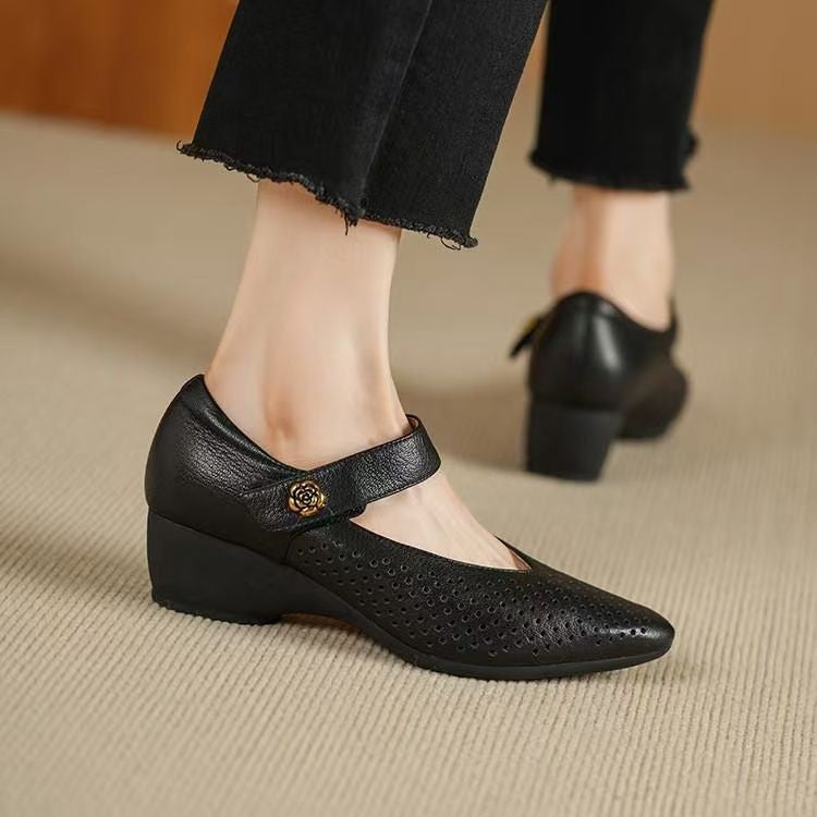 French-Style Wedge Flat Leather Shoes With Cutouts, Breathable Perforated Loafers, Commuting Shoes, New Summer 2025 Single Shoes - Image 4