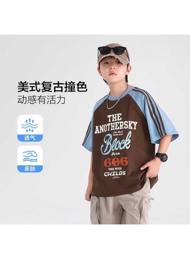 Boys' Summer American-style Color-blocking Sports Short-sleeve T-shirt  New Model For Teenagers And Children, Pure Cotton Thin Top
