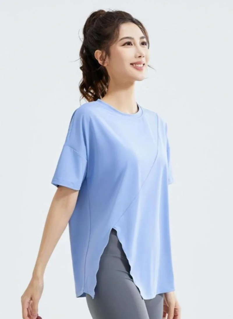 YUNIQEE Blue Solid Side Slit Round Neck Short Sleeve T-Shirt