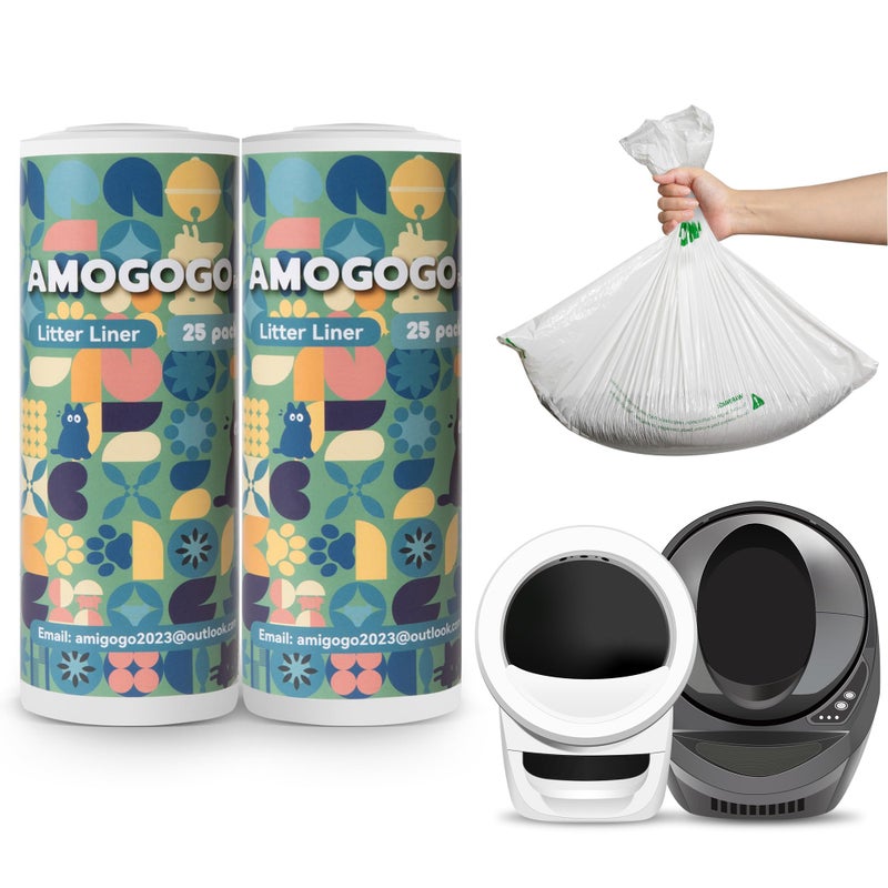 أكياس نفايات AMOGOGOPET، ٥٠ قطعة، متوافقة مع روبوت تنظيف فضلات القطط Litter Robot 4 و 3، أكياس نفايات بديلة، أكياس نفايات شديدة التحمل لفضلات القطط، أكياس نفايات مقاومة للماء، ٢٦.٤ بوصة × ٢١.٩ بوصة - Image 1