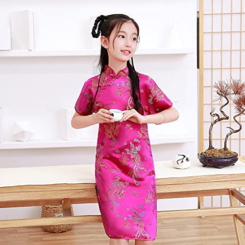 DLSNZ Girls Chinese Qipao Dress Dragon Pattern Short Sleeve Cheongsam Costume for Birthday Party Wedding (US, Age, 4 Years, 5 Years, Rose Red Dragon) - Image 3