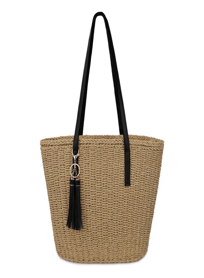 Youjaree Womens Large Straw Tote Bag Handmade Woven Shoulder Handbag Summer Beach Purse with Tassel (Khaki with a black strap) - Image 1