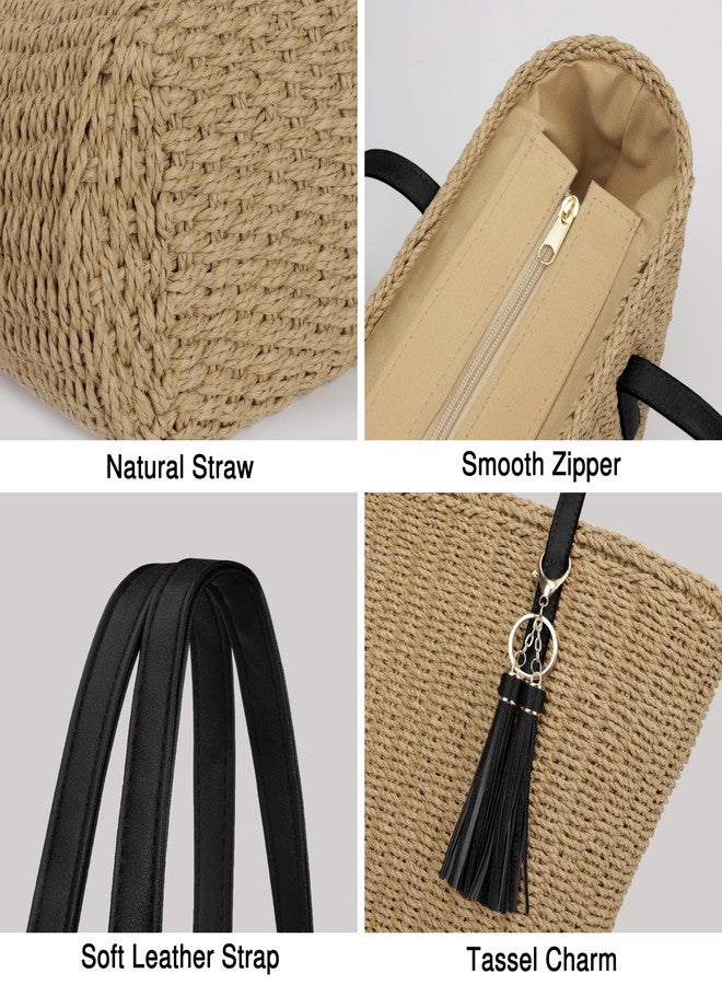 Youjaree Womens Large Straw Tote Bag Handmade Woven Shoulder Handbag Summer Beach Purse with Tassel (Khaki with a black strap) - Image 3