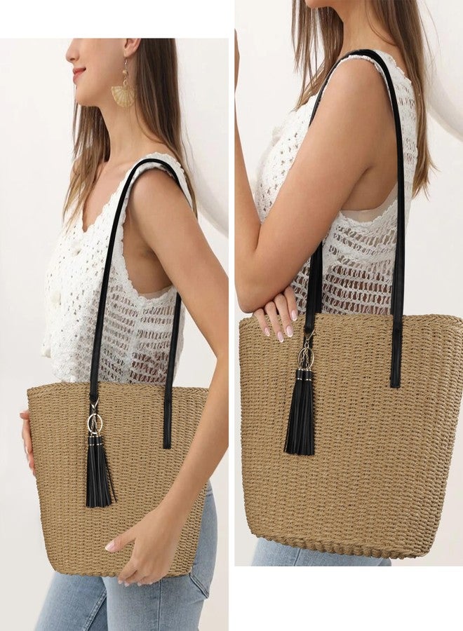 Youjaree Womens Large Straw Tote Bag Handmade Woven Shoulder Handbag Summer Beach Purse with Tassel (Khaki with a black strap) - Image 2