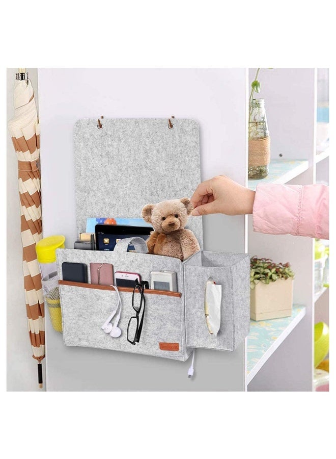 Bedside Organiser Storage Caddy Hanging Bag with Large Pockets for Remote Control Book Newspaper Phone Water Bottle Light Grey  - Image 2