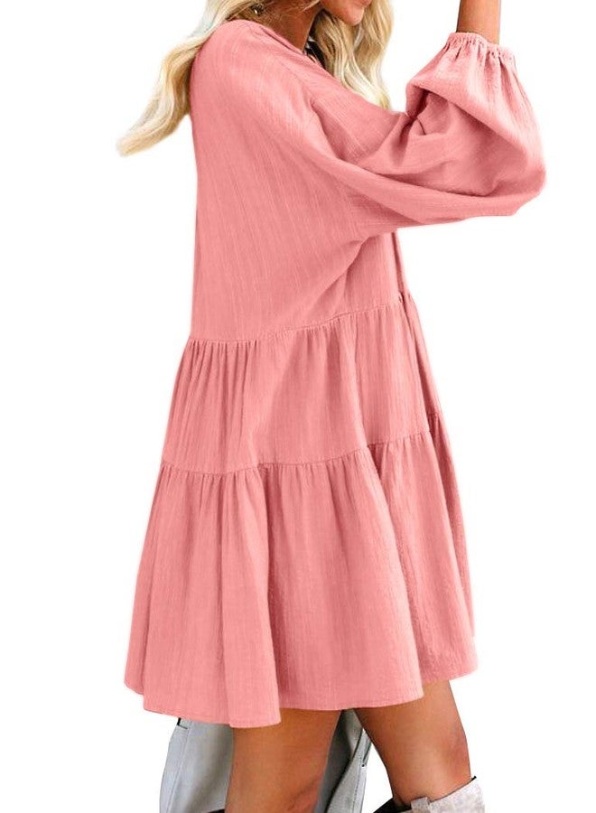 FANCYINN Long Sleeve Shift Tunic Dress Ruffle Swing Babydoll Juniors Mini Pink Ruffle Dress with Pockets Pink M - Image 2